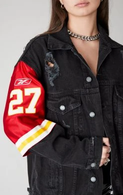 FURST OF A KIND VINTAGE JERSEY SLEEVE AND BACK INSERT DENIM JACKET SALE