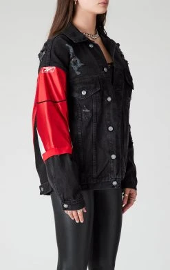 FURST OF A KIND SALE VINTAGE JERSEY SLEEVE AND BACK INSERT DENIM JACKET