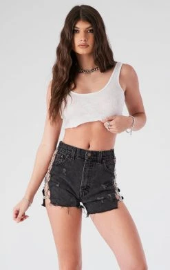FURST OF A KIND VINTAGE CRISS CROSS SIDE CHAIN BLACK DENIM SHORTS FESTIVAL