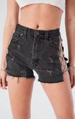 FURST OF A KIND VINTAGE CRISS CROSS SIDE CHAIN BLACK DENIM SHORTS FESTIVAL