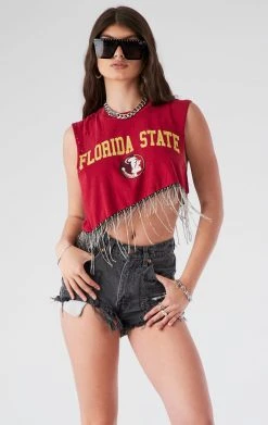 FURST OF A KIND ASYMMETRICAL RHINESTONE FRINGE SLEEVELESS CROP TEE VINTAGE RHINESTONE FRINGE