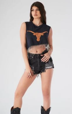 FURST OF A KIND ASYMMETRICAL RHINESTONE FRINGE SLEEVELESS CROP TEE VINTAGE RHINESTONE FRINGE