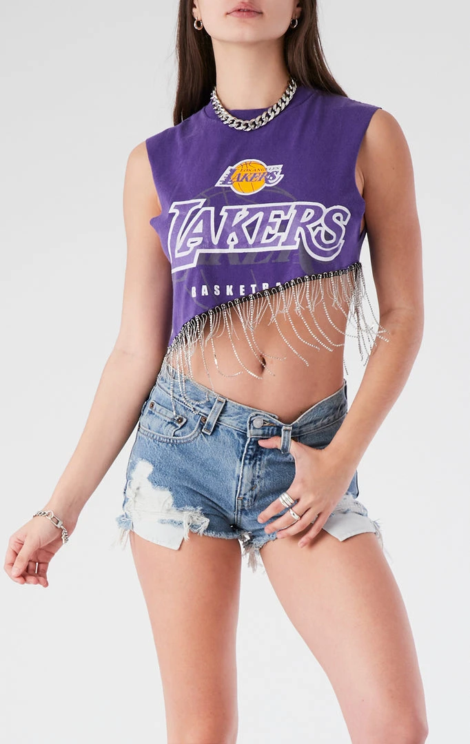 FURST OF A KIND ASYMMETRICAL RHINESTONE FRINGE SLEEVELESS CROP TEE VINTAGE RHINESTONE FRINGE 3 FURST OF A KIND ASYMMETRICAL RHINESTONE FRINGE SLEEVELESS CROP TEE VINTAGE RHINESTONE FRINGE