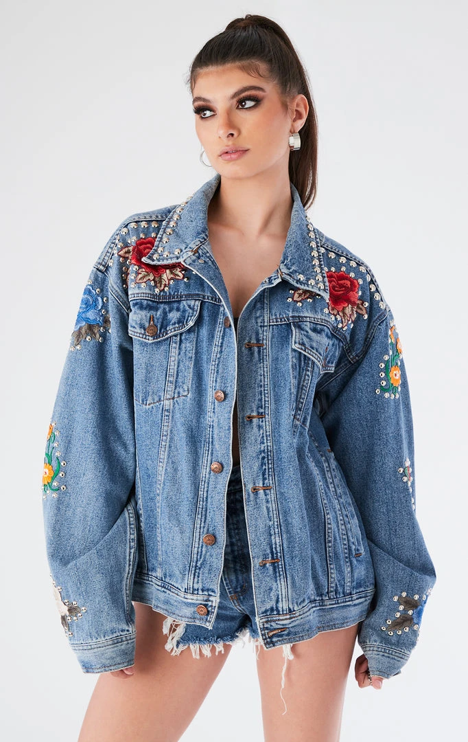 FURST OF A KIND VINTAGE FLORAL APPLIQUE STUDDED DENIM JACKET 7 FURST OF A KIND VINTAGE FLORAL APPLIQUE STUDDED DENIM JACKET
