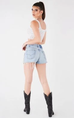 FURST OF A KIND FESTIVAL VINTAGE CHAIN AND PIN DRAPE DENIM SHORTS