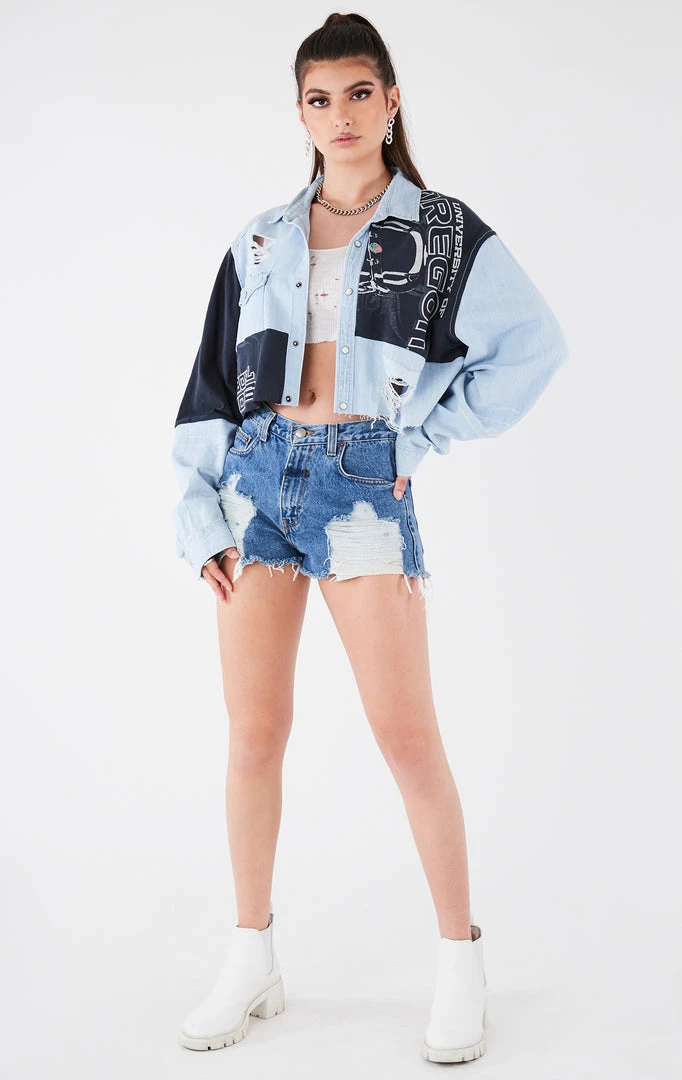 FURST OF A KIND VINTAGE COLLEGE VINTAGE PATCHWORK CROPPED CHAMBRAY 3 FURST OF A KIND VINTAGE COLLEGE VINTAGE PATCHWORK CROPPED CHAMBRAY