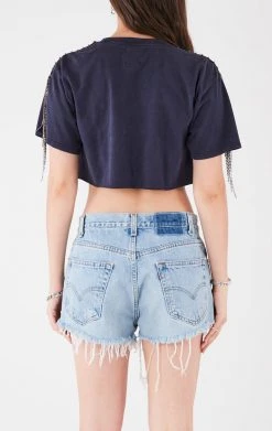 FURST OF A KIND VINTAGE RHINESTONE FRINGE SLEEVE CROP TEE