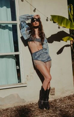 FURST OF A KIND VINTAGE RHINESTONE FRINGE POCKET & BACK DENIM JACKET FESTIVAL