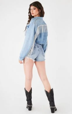 FURST OF A KIND VINTAGE RHINESTONE FRINGE POCKET & BACK DENIM JACKET FESTIVAL