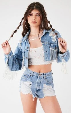 FURST OF A KIND VINTAGE RHINESTONE FRINGE POCKET & BACK DENIM JACKET FESTIVAL