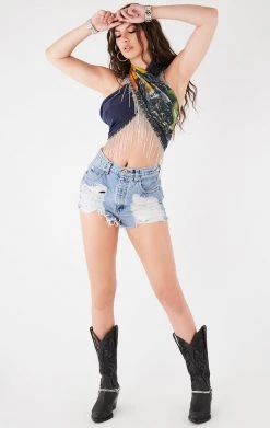 FURST OF A KIND VINTAGE RHINESTONE FRINGE HALTER WRAP TOP