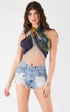 FURST OF A KIND VINTAGE RHINESTONE FRINGE HALTER WRAP TOP