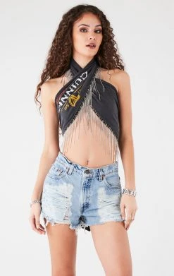 FURST OF A KIND VINTAGE RHINESTONE FRINGE HALTER WRAP TOP