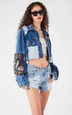 FURST OF A KIND FESTIVAL VINTAGE PATCHWORK STUDDED CROPPED DENIM JACKET