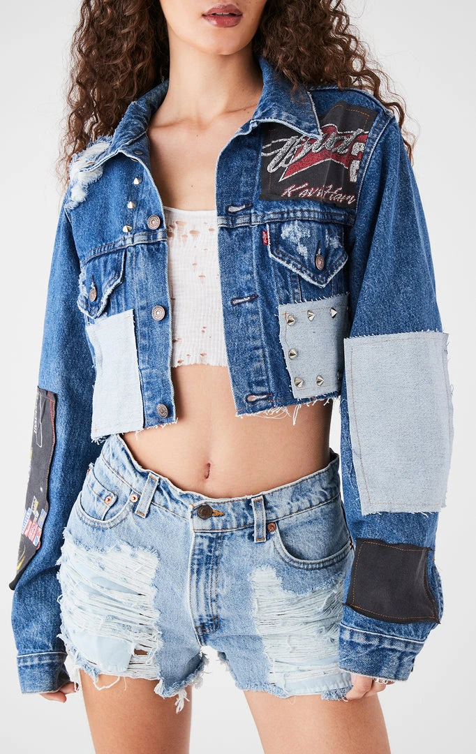 FURST OF A KIND FESTIVAL VINTAGE PATCHWORK STUDDED CROPPED DENIM JACKET 5 FURST OF A KIND FESTIVAL VINTAGE PATCHWORK STUDDED CROPPED DENIM JACKET
