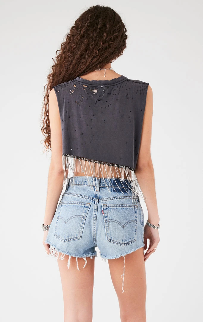 FURST OF A KIND VINTAGE RHINESTONE FRINGE ASYMMETRICAL RHINESTONE FRINGE SLEEVELESS CROP TEE 5 FURST OF A KIND VINTAGE RHINESTONE FRINGE ASYMMETRICAL RHINESTONE FRINGE SLEEVELESS CROP TEE