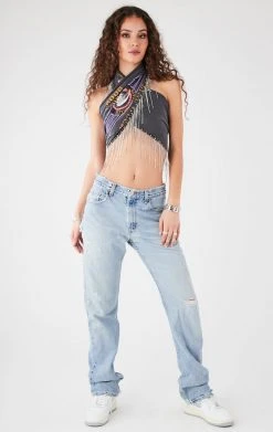 FURST OF A KIND VINTAGE RHINESTONE FRINGE HALTER WRAP TOP