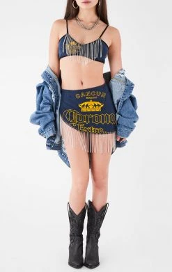 FURST OF A KIND VINTAGE RHINESTONE FRINGE BRA TOP AND SKIRT SET