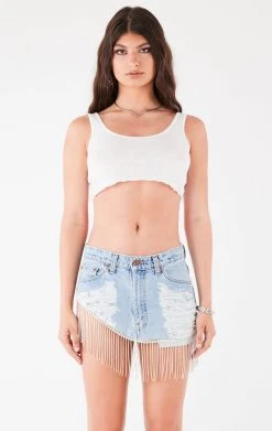 FURST OF A KIND FESTIVAL VINTAGE RHINESTONE FRINGE CURVED HEM DENIM SKIRT