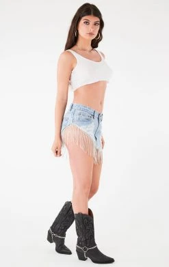 FURST OF A KIND FESTIVAL VINTAGE RHINESTONE FRINGE CURVED HEM DENIM SKIRT