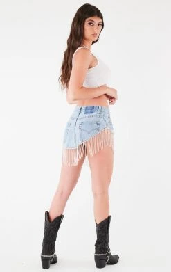 FURST OF A KIND FESTIVAL VINTAGE RHINESTONE FRINGE CURVED HEM DENIM SKIRT