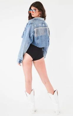 FURST OF A KIND VINTAGE RHINESTONE FRINGE STAR PATCH DENIM JACKET FESTIVAL