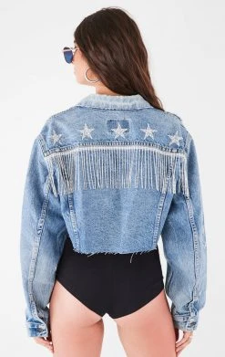 FURST OF A KIND VINTAGE RHINESTONE FRINGE STAR PATCH DENIM JACKET FESTIVAL
