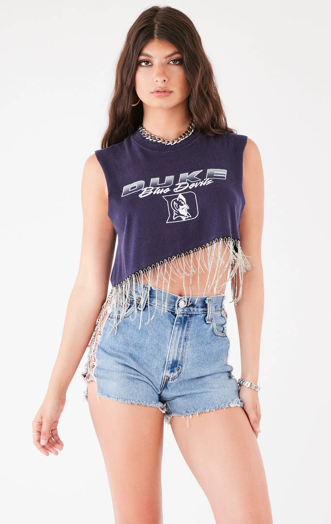 FURST OF A KIND VINTAGE RHINESTONE FRINGE ASYMMETRICAL RHINESTONE FRINGE SLEEVELESS CROP TEE 4 FURST OF A KIND VINTAGE RHINESTONE FRINGE ASYMMETRICAL RHINESTONE FRINGE SLEEVELESS CROP TEE