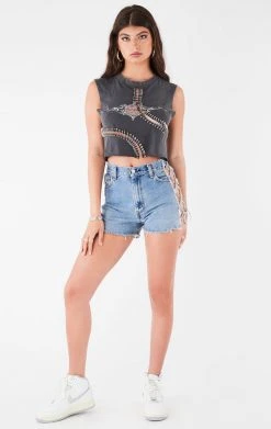 FURST OF A KIND VINTAGE CURVED SAFETY PIN CROPPED SLEEVELESS TEE FESTIVAL