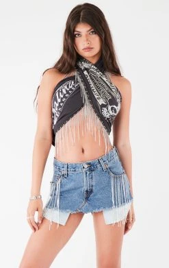 FURST OF A KIND VINTAGE RHINESTONE FRINGE HALTER WRAP TOP