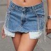 FURST OF A KIND VINTAGE RHINESTONE FRINGE MICRO MINI DENIM SKIRT