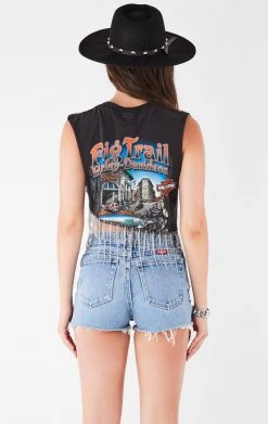 FURST OF A KIND VINTAGE RHINESTONE FRINGE ASYMMETRICAL RHINESTONE FRINGE SLEEVELESS CROP TEE