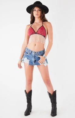 FURST OF A KIND FESTIVAL VINTAGE RHINESTONE FRINGE TIE BRA TOP