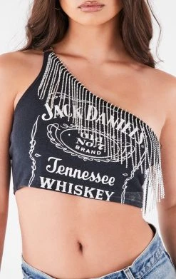 FURST OF A KIND VINTAGE RHINESTONE FRINGE ONE SHOULDER TOP