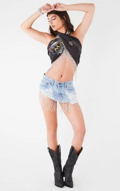 FURST OF A KIND VINTAGE RHINESTONE FRINGE HALTER WRAP TOP