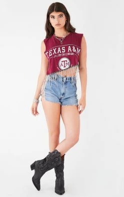 FURST OF A KIND VINTAGE RHINESTONE FRINGE ASYMMETRICAL RHINESTONE FRINGE SLEEVELESS CROP TEE