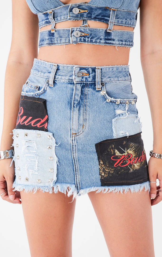 FURST OF A KIND VINTAGE PATCHWORK STUDDED DENIM SKIRT FESTIVAL 5 FURST OF A KIND VINTAGE PATCHWORK STUDDED DENIM SKIRT FESTIVAL