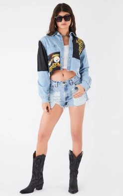 FURST OF A KIND VINTAGE NFL VINTAGE PATCHWORK CROPPED CHAMBRAY