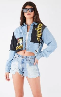 FURST OF A KIND VINTAGE NFL VINTAGE PATCHWORK CROPPED CHAMBRAY