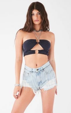 FURST OF A KIND FESTIVAL VINTAGE RHINESTONE FRINGE WAISTBAND DENIM SHORTS