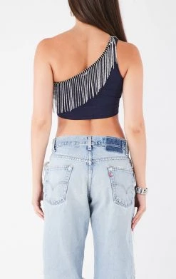 FURST OF A KIND VINTAGE RHINESTONE FRINGE ONE SHOULDER TOP FESTIVAL