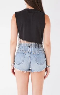 FURST OF A KIND ASYMMETRICAL RHINESTONE FRINGE SLEEVELESS CROP TEE VINTAGE RHINESTONE FRINGE