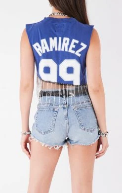 FURST OF A KIND VINTAGE RHINESTONE FRINGE ASYMMETRICAL RHINESTONE FRINGE SLEEVELESS CROP TEE