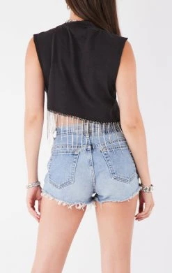 FURST OF A KIND ASYMMETRICAL RHINESTONE FRINGE SLEEVELESS CROP TEE VINTAGE RHINESTONE FRINGE