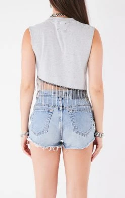 FURST OF A KIND VINTAGE RHINESTONE FRINGE ASYMMETRICAL RHINESTONE FRINGE SLEEVELESS CROP TEE