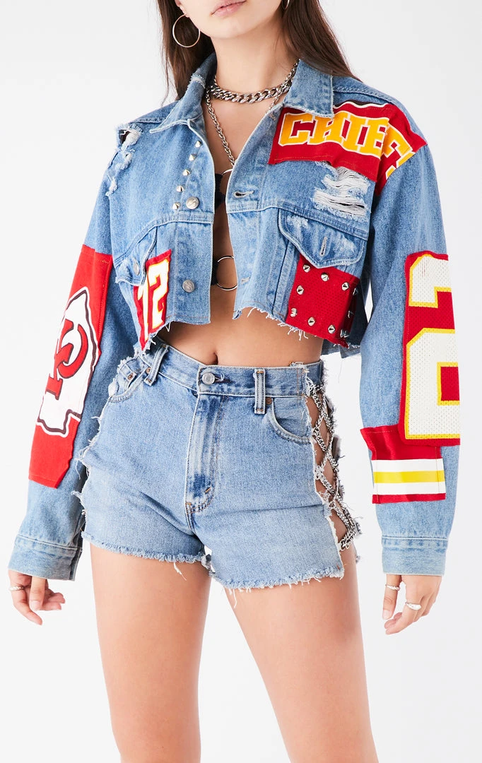 FURST OF A KIND VINTAGE NFL VINTAGE JERSEY PATCHWORK STUDDED CROPPED DENIM JACKET 3 FURST OF A KIND VINTAGE NFL VINTAGE JERSEY PATCHWORK STUDDED CROPPED DENIM JACKET