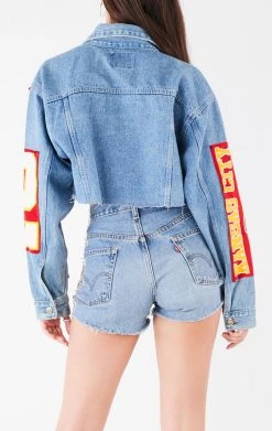 FURST OF A KIND VINTAGE NFL VINTAGE JERSEY PATCHWORK STUDDED CROPPED DENIM JACKET 7 FURST OF A KIND VINTAGE NFL VINTAGE JERSEY PATCHWORK STUDDED CROPPED DENIM JACKET