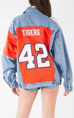 FURST OF A KIND VINTAGE JERSEY SLEEVE AND BACK INSERT DENIM JACKET