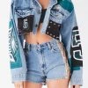 FURST OF A KIND VINTAGE JERSEY PATCHWORK STUDDED CROPPED DENIM JACKET VINTAGE DENIM JACKETS 2 FURST OF A KIND VINTAGE JERSEY PATCHWORK STUDDED CROPPED DENIM JACKET VINTAGE DENIM JACKETS
