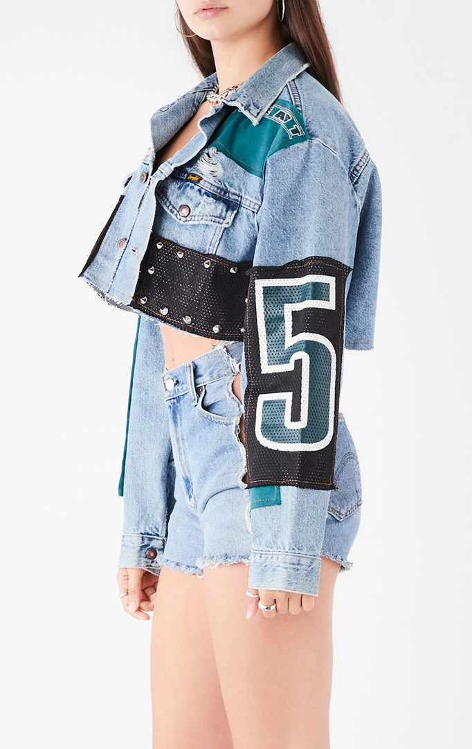 FURST OF A KIND VINTAGE JERSEY PATCHWORK STUDDED CROPPED DENIM JACKET VINTAGE DENIM JACKETS 6 FURST OF A KIND VINTAGE JERSEY PATCHWORK STUDDED CROPPED DENIM JACKET VINTAGE DENIM JACKETS